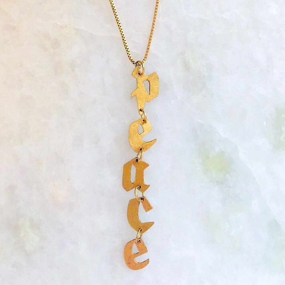 Gold Peace Necklace, handcrafted peace gold tone pendant w/24k gold plated chain - Picture 1 of 16